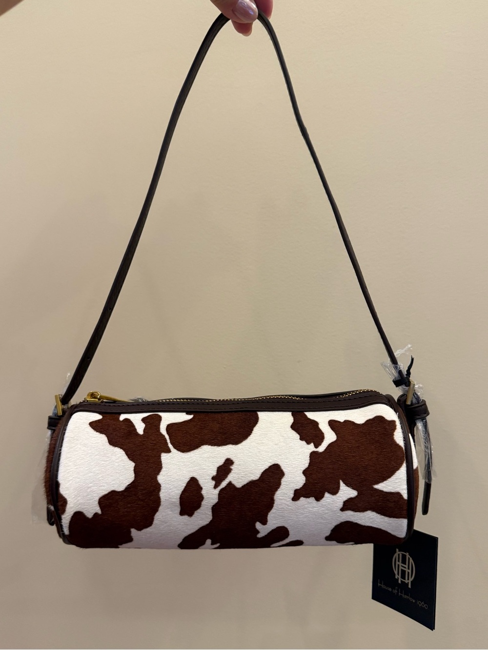 NWT House of Harlow 1960 Cowhide Cow Calf Hair Leather Barrel Shoulder Bag